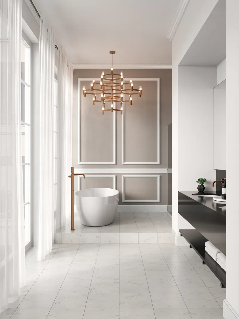 Bathroom with Carrara marble floor tile, freestanding tub and brass chandelier, rendered in 3D